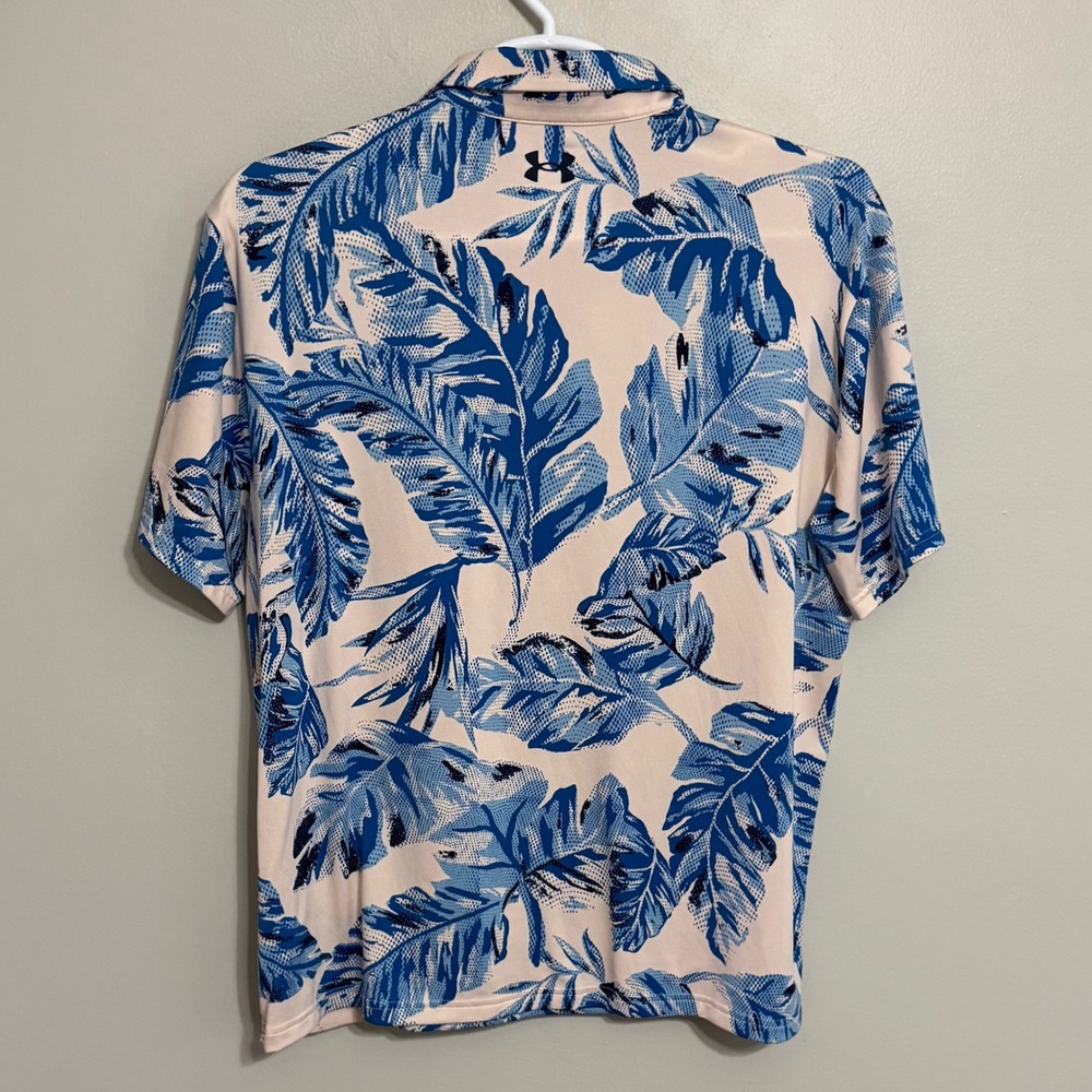 Under Armour Mens XL Blue Pink Tropical Palm Leaf Floral Playoff Polo Shirt Golf - Picture 3 of 6